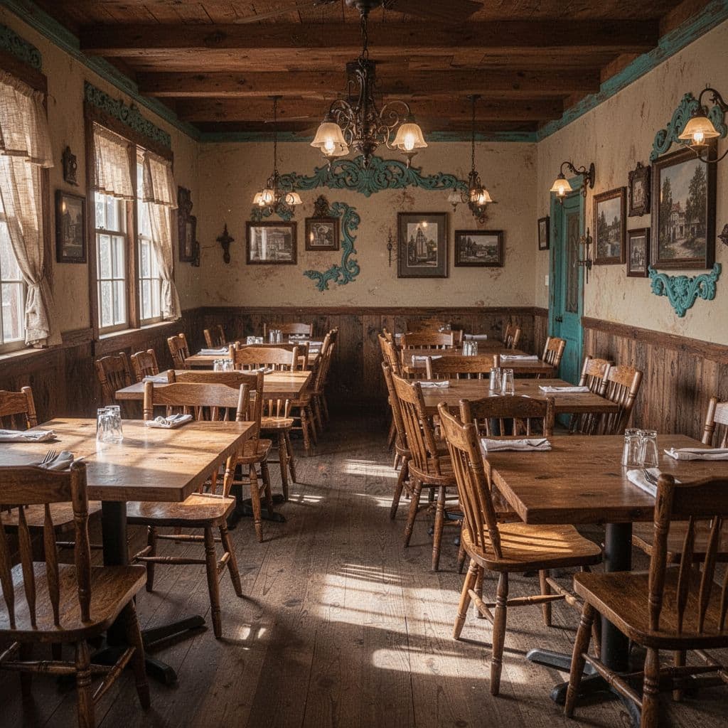 Empty rustic restaurant with wooden tables and chairs under soft lighting, bold 'Local Flavors' headline at top.