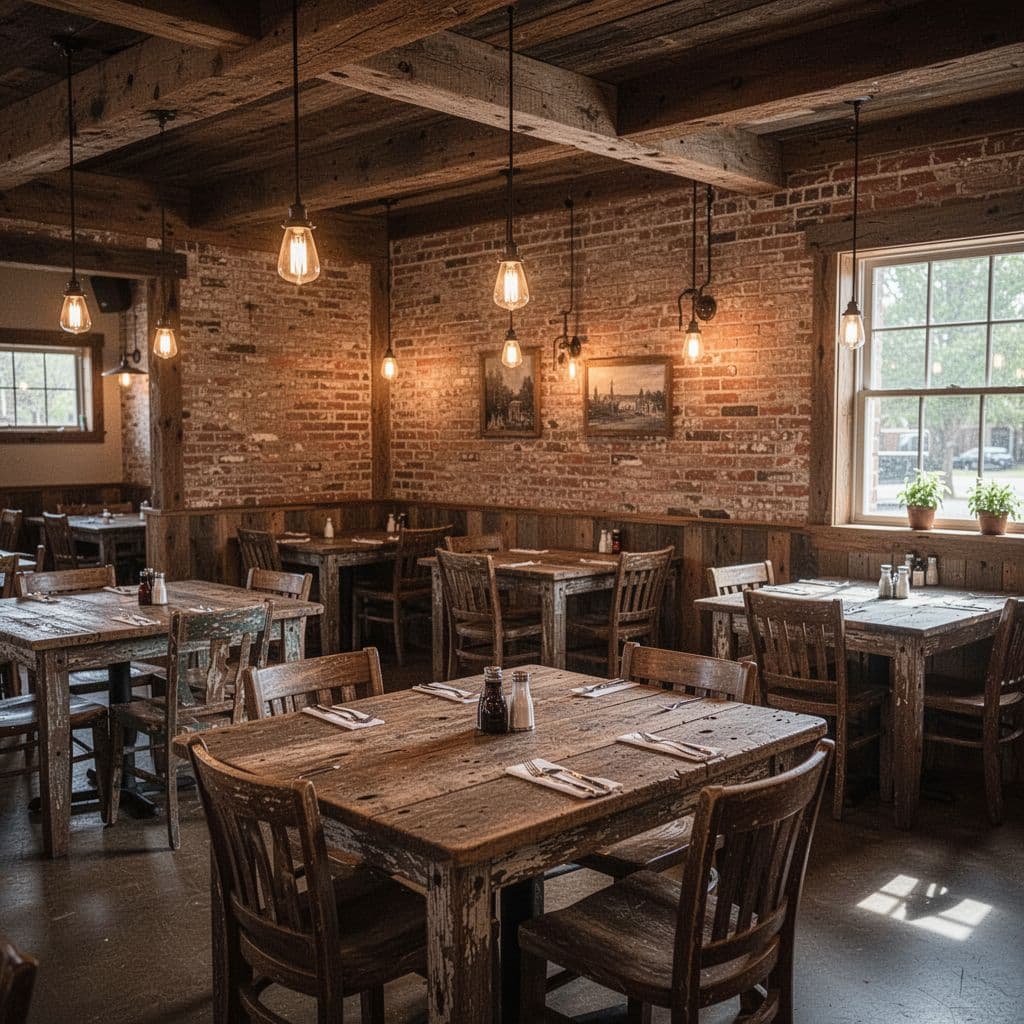 Empty rustic restaurant with wooden tables under warm lights and green top banner reading Local Dining.