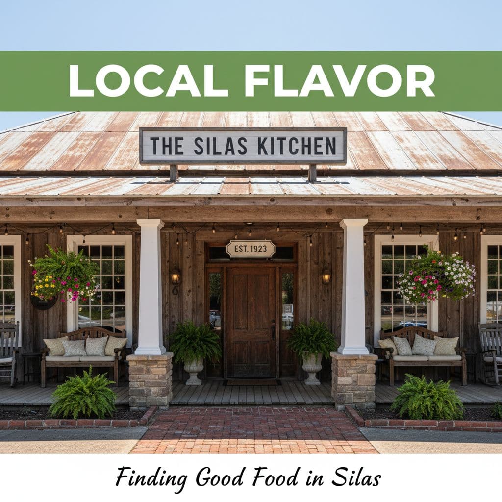 A charming Southern restaurant exterior features a bold green banner with the text Local Flavor.