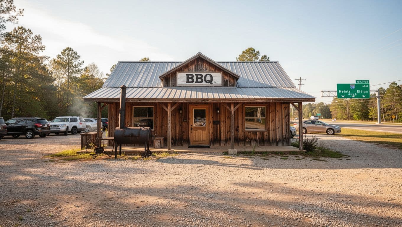 Wooden Rusty's Bar-B-Q building with front smoker, gravel lot, few cars, highway sign, under midday sun and top 'Roadside BBQ' green banner.