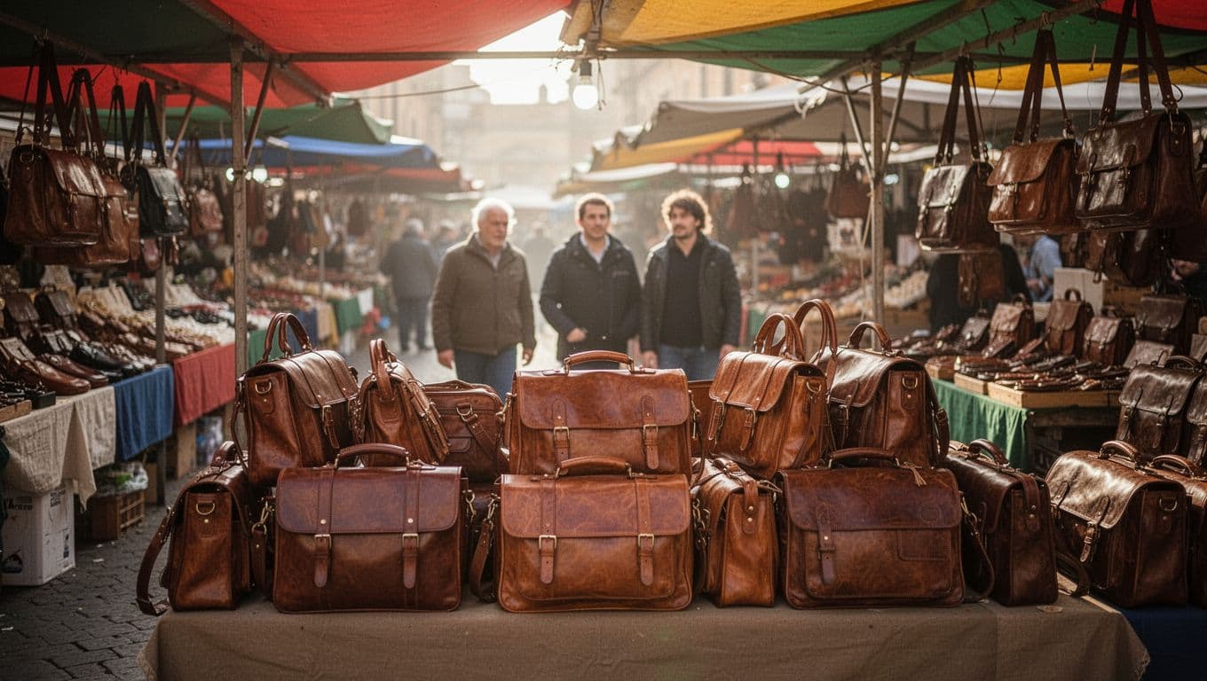 Stall with leather bags at San Lorenzo market in Florence, colorful awnings, morning light, three blurred people in background.