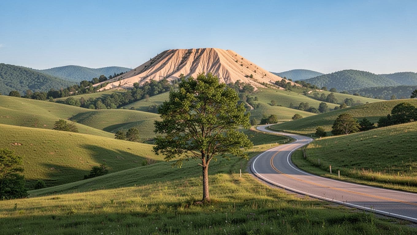 Rolling green hills and Appalachian foothills with winding road and foreground tree under blue sky, green band at top with 'SAND MOUNTAIN VIEWS' text.