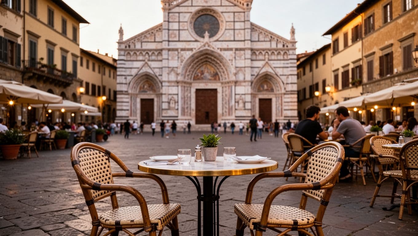 Santa Croce square in Florence shows church facade, outdoor cafes, empty foreground table with two chairs, two blurred background people, and green top banner with 'Santa Croce'.