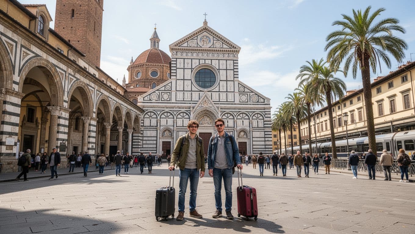 Green top banner 'Santa Maria Novella' above wide street view of Florence train station exterior, nearby basilica, palm trees, two tourists with luggage.