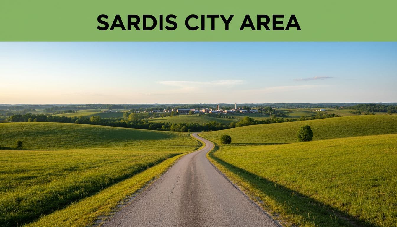 Green header band with 'Sardis City Area' tops gravel road through rolling green hills to distant town under clear blue sky.