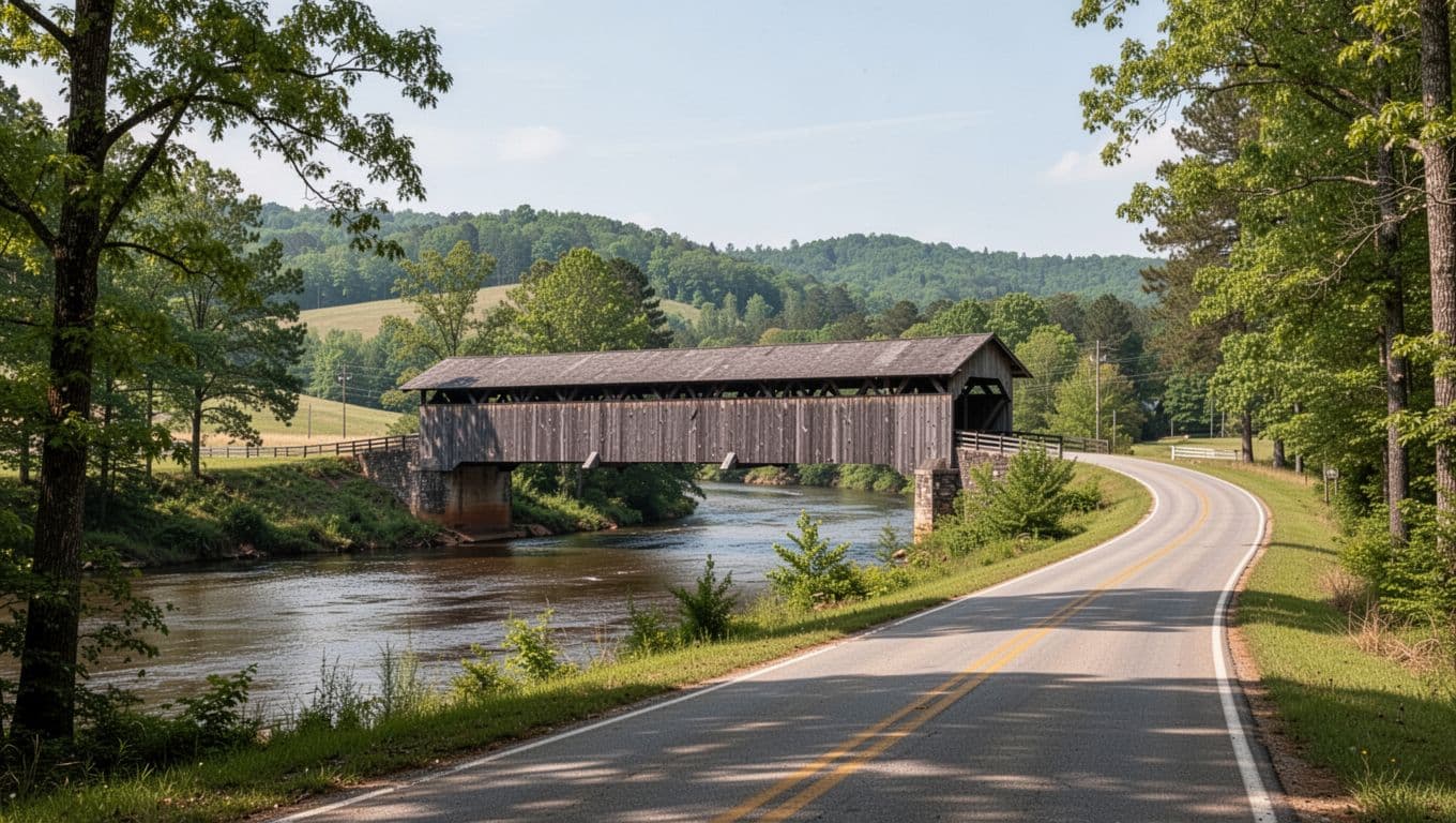 Road along river leads to covered bridge amid green trees and hills in rural Alabama.