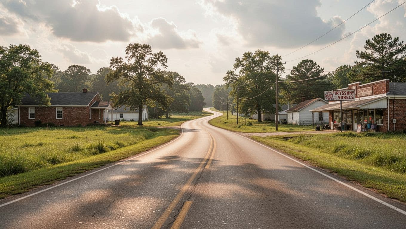 A peaceful rural road winds through green Alabama countryside with a Nearby Access header overlay.