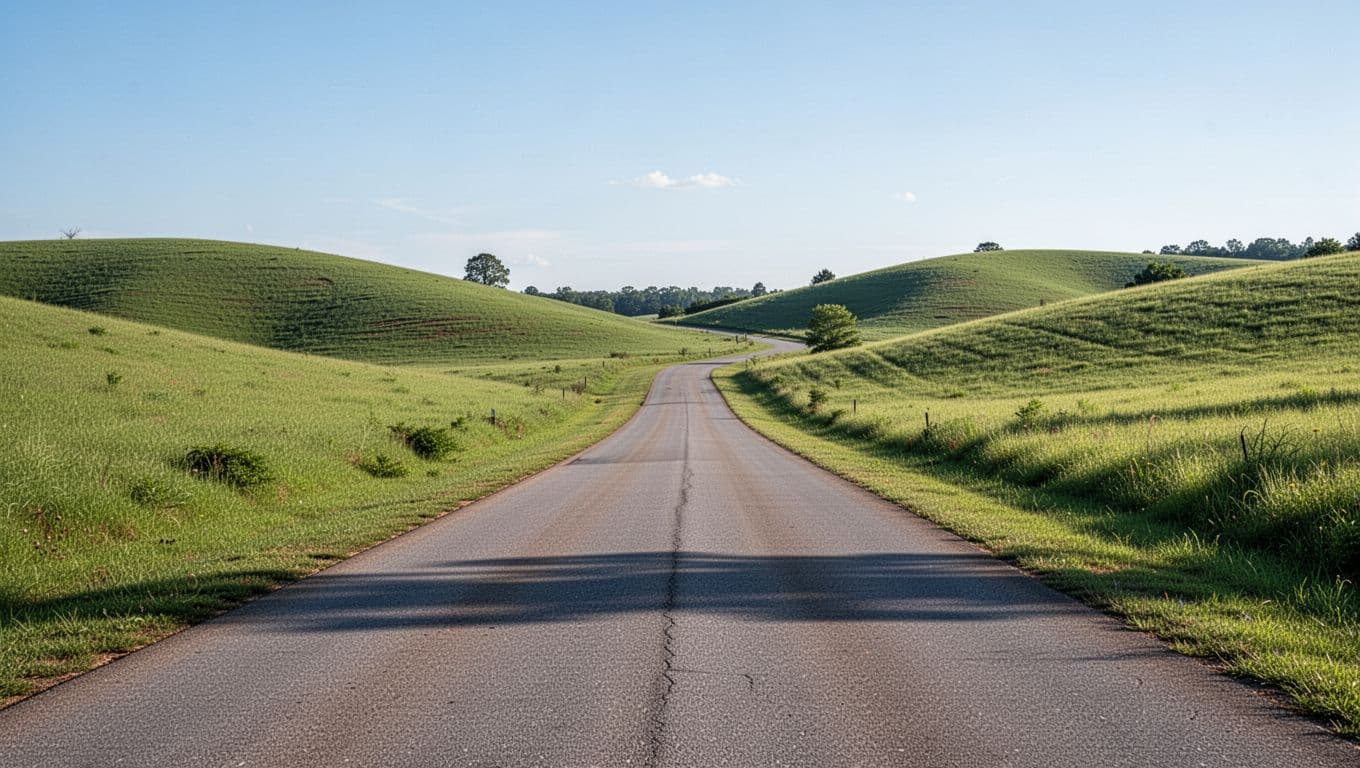 A winding country road curves through lush rolling green hills in Shelby County during the day.
