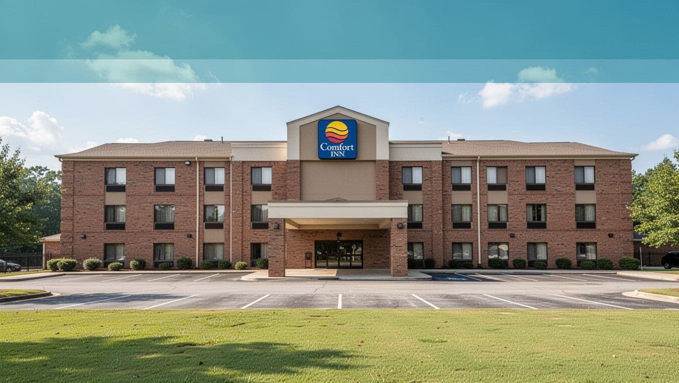Clean Comfort Inn facade with sign, empty parking lot, green lawn, blue sky; green 'Area Hotels' band at top.