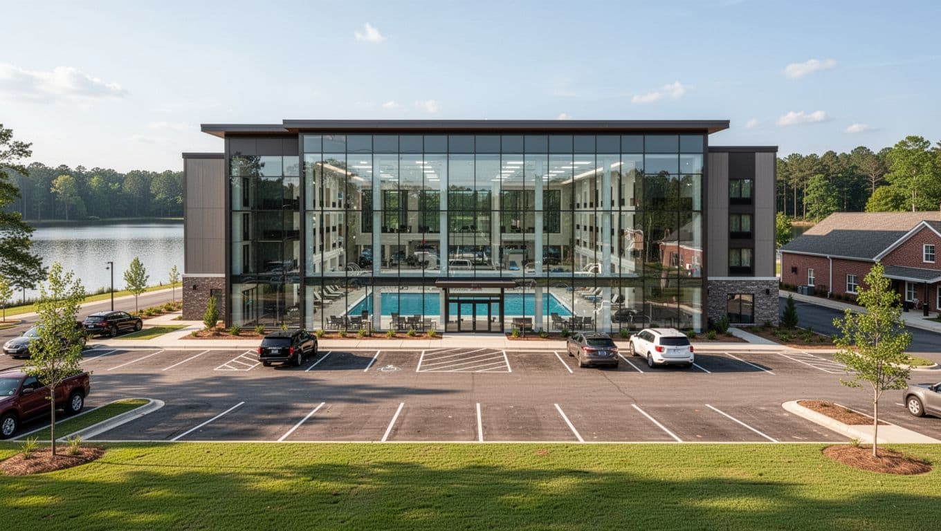 Modern hotel exterior with indoor pool visible through windows, parking lot, green lawns, topped by green Top Picks band.