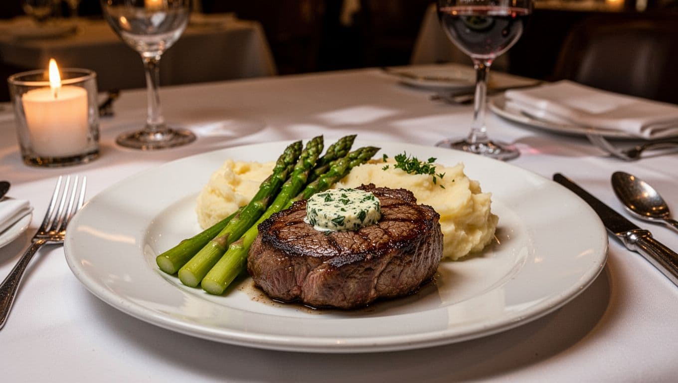 Seared ribeye steak with herb butter, asparagus and mashed potatoes on white plate in upscale steakhouse under soft lighting, green 'Steak Excellence' band at top.