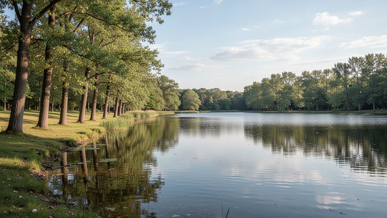 A tranquil lake shoreline features lush green trees under a banner titled Relaxing Stays.
