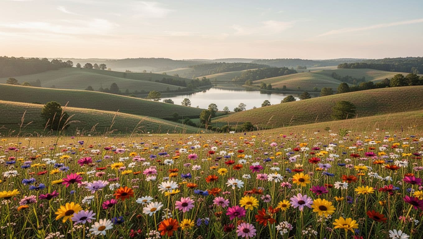 Rolling hills, distant lake, and foreground wildflowers in Shelby County countryside under golden hour light, with top 'Shelby Views' headline band.