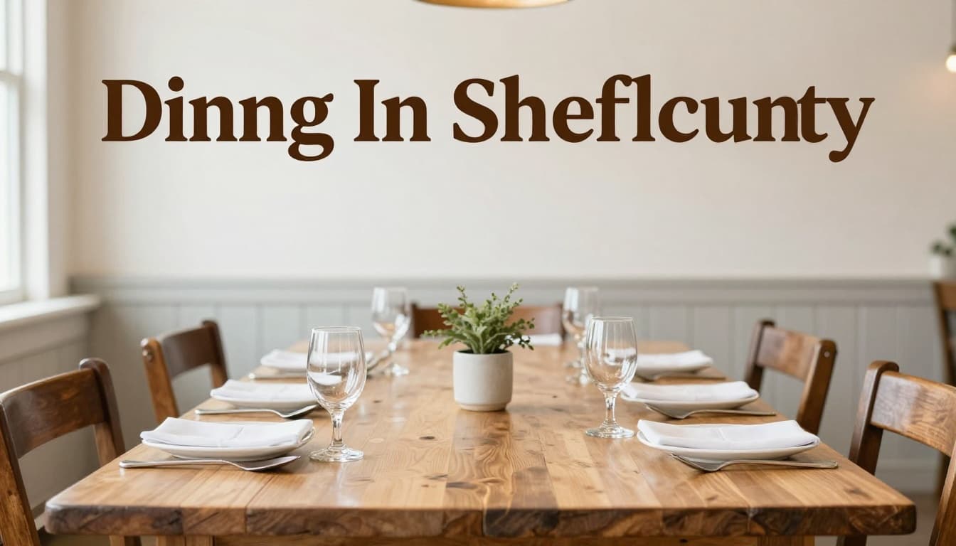 Bright clean dining table in cozy rustic restaurant with 'Dining In Shelby County' headline at top.