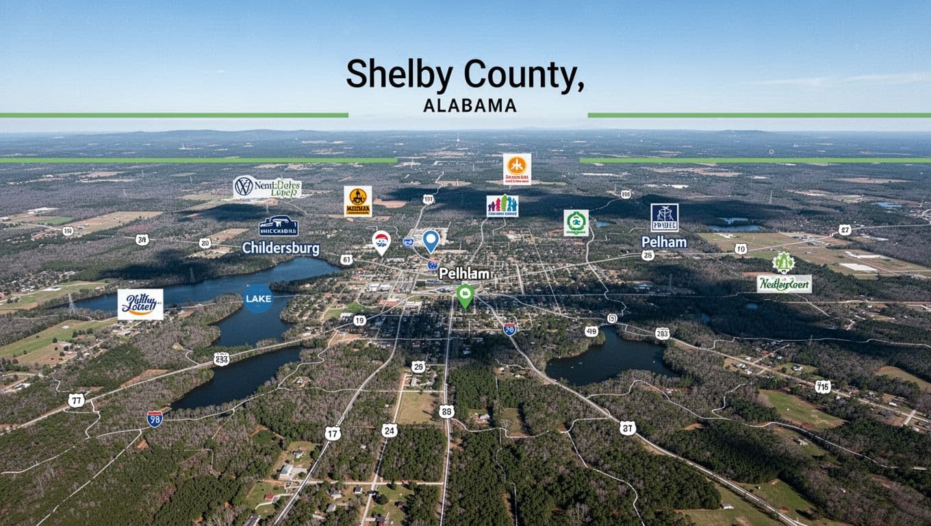 Overhead map of Shelby County Alabama marks Vincent amid roads and lakes under clear sky with top 'Nearby Spots' headline.