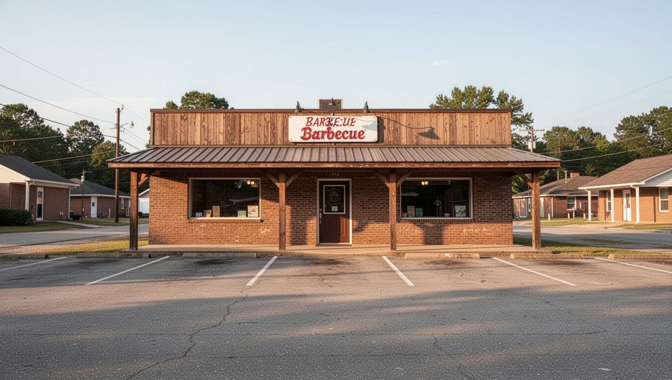 Front facade of Shirley's Mainline BBQ restaurant and empty parking lot in Ragland, Alabama, under sunny sky with green BBQ SPOT band at top.