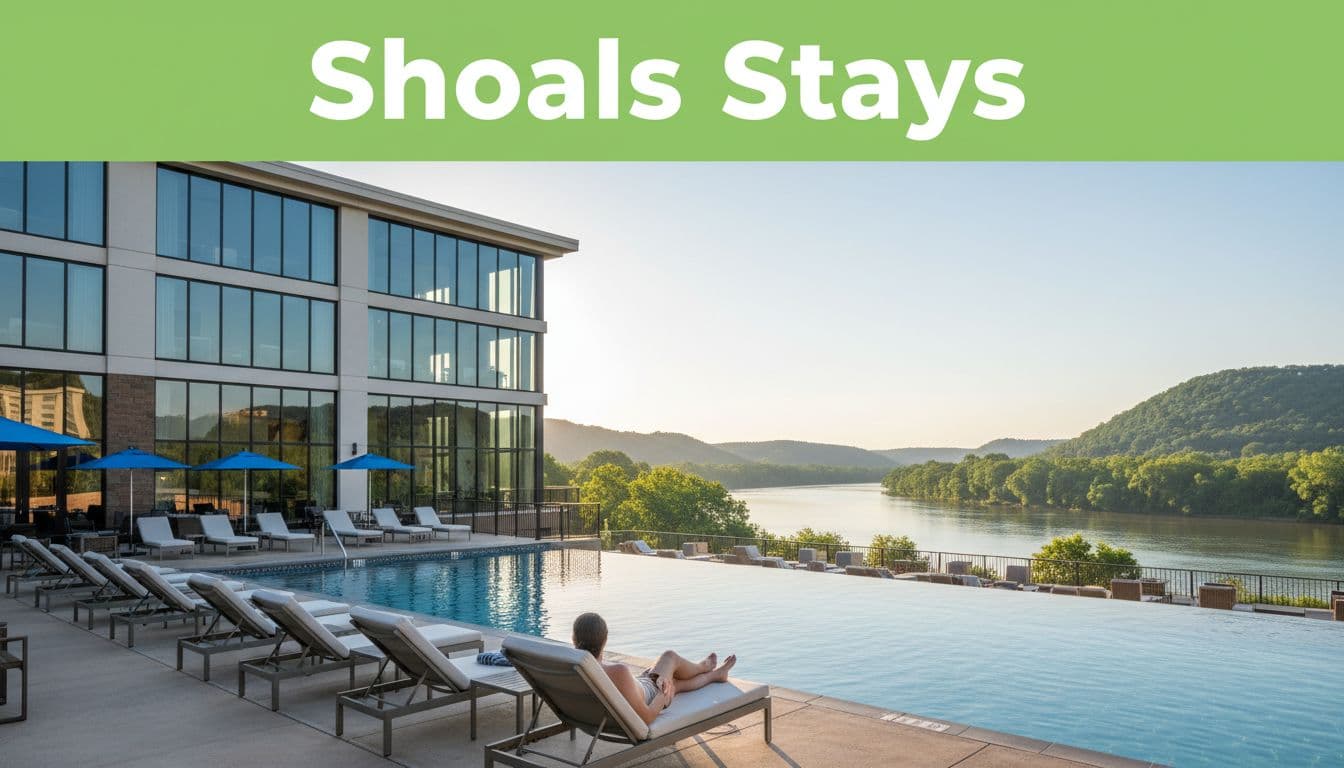 Modern multi-story luxury hotel on Tennessee River bank with outdoor pool, lounge chairs, one relaxed guest, and green 'Shoals Stays' headline band.