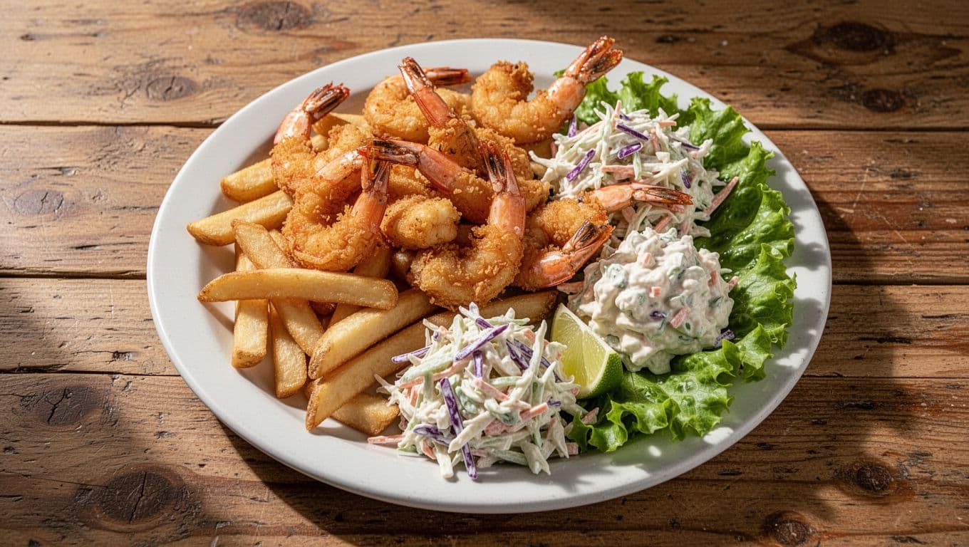Green 'Shrimp Boat' headline band above close-up fried shrimp platter with golden fries and coleslaw on white plate on wooden table.