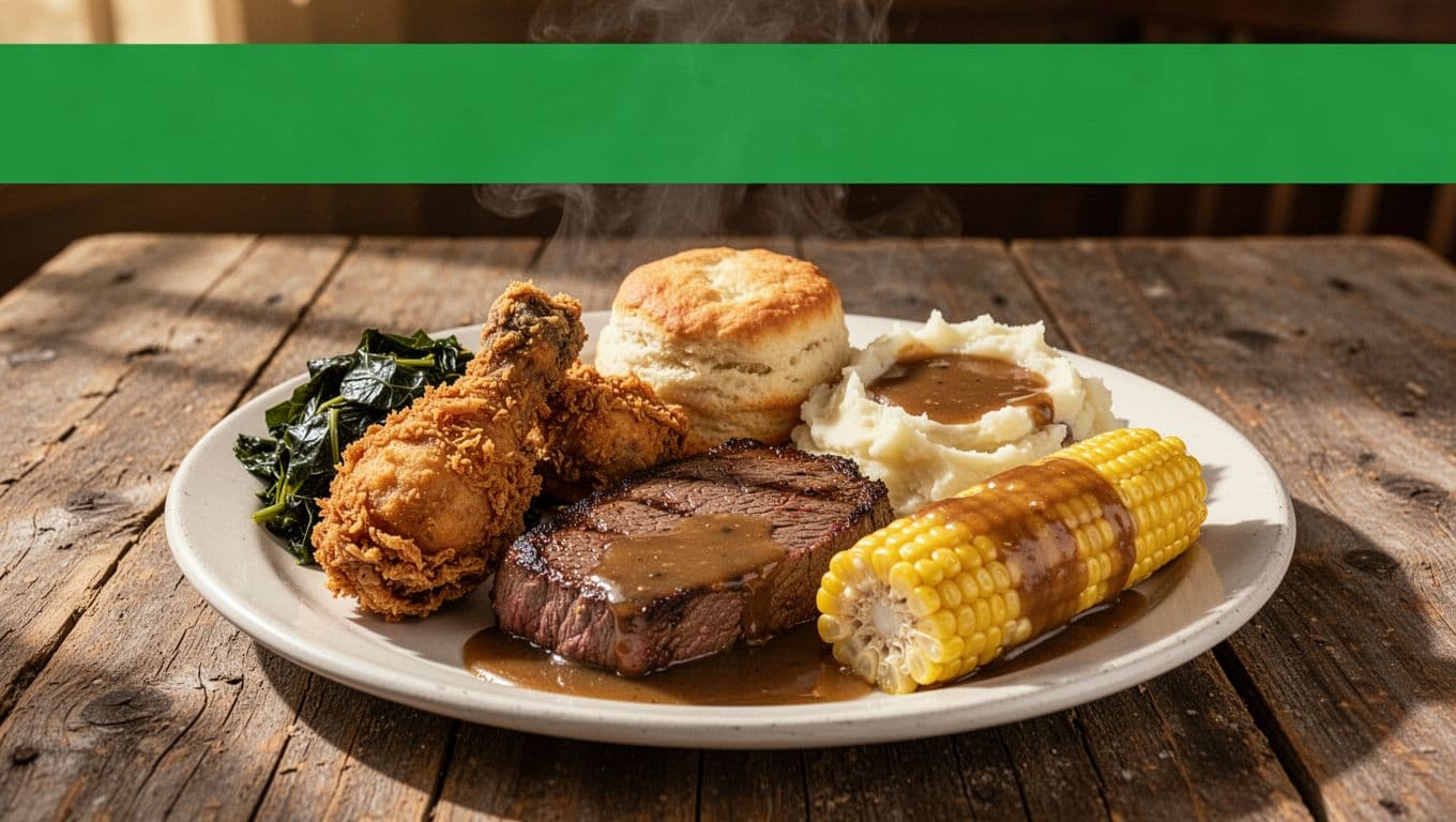 Green header band with 'SIGNATURE DISH' above steaming plate of chicken fried steak, biscuits, collards, mashed potatoes, corn, and gravy on wooden table.