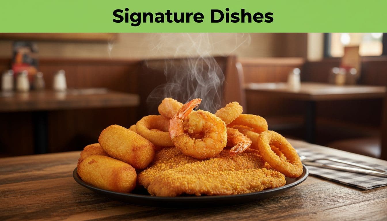 Steaming fried catfish and shrimp platter with hushpuppies and onion rings on wooden diner table under green 'Signature Dishes' headline band.