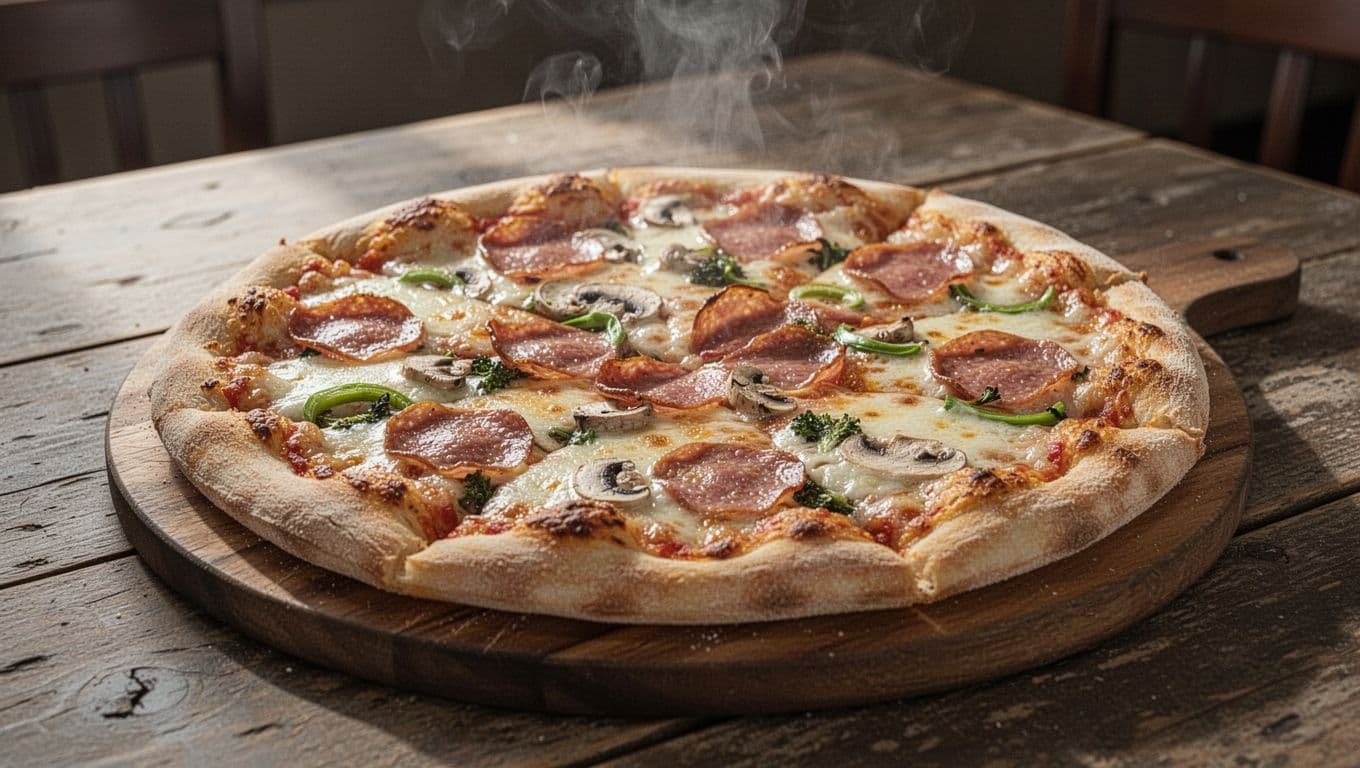 Steaming hot pizza with toppings on wooden board in rustic diner setting, green top band with 'SIGNATURE PIZZA' headline.