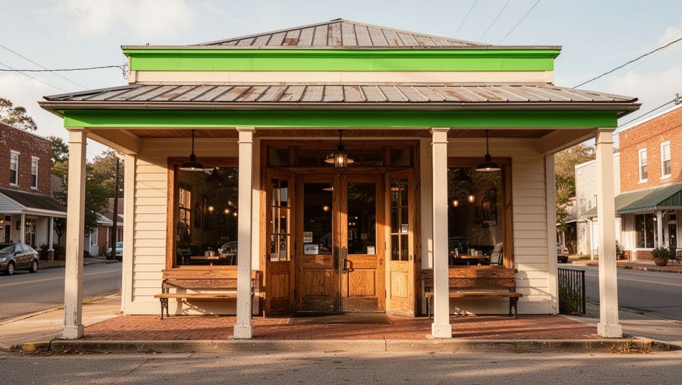 Brightly lit entrance of small-town Southern restaurant with 'Cajun Dining' headline on green band.