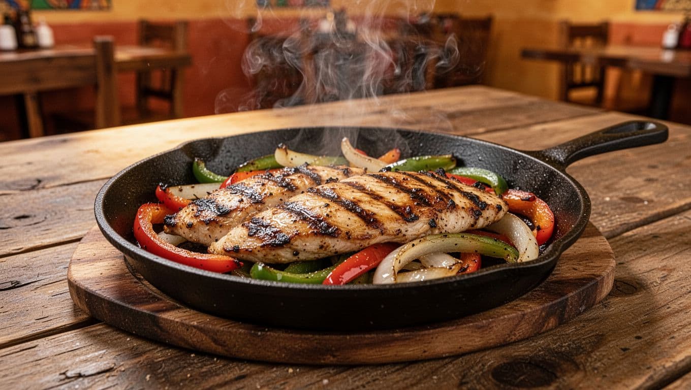Charbroiled chicken fajitas with steaming peppers and onions in hot cast iron skillet on wooden table.