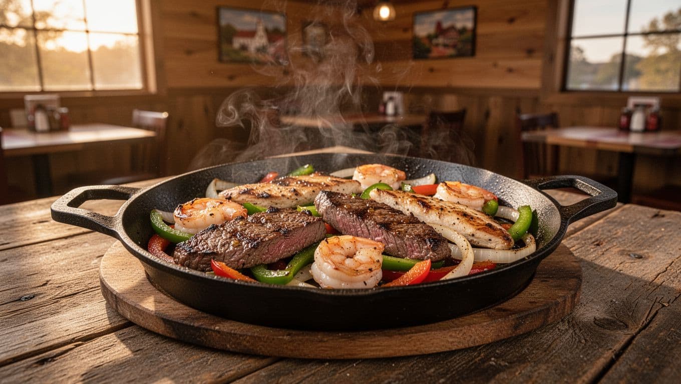 Steaming fajitas with peppers onions steak chicken shrimp on cast iron skillet on rustic wooden table green Mexican Eats band at top.