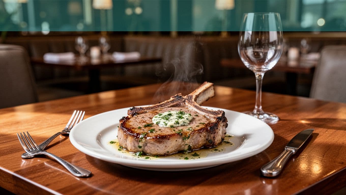Sizzling pork chop with herb butter on white plate at wooden steakhouse table with silverware and wine glass, green band with 'PORK CHOP PRIME' headline above, upscale dining background.