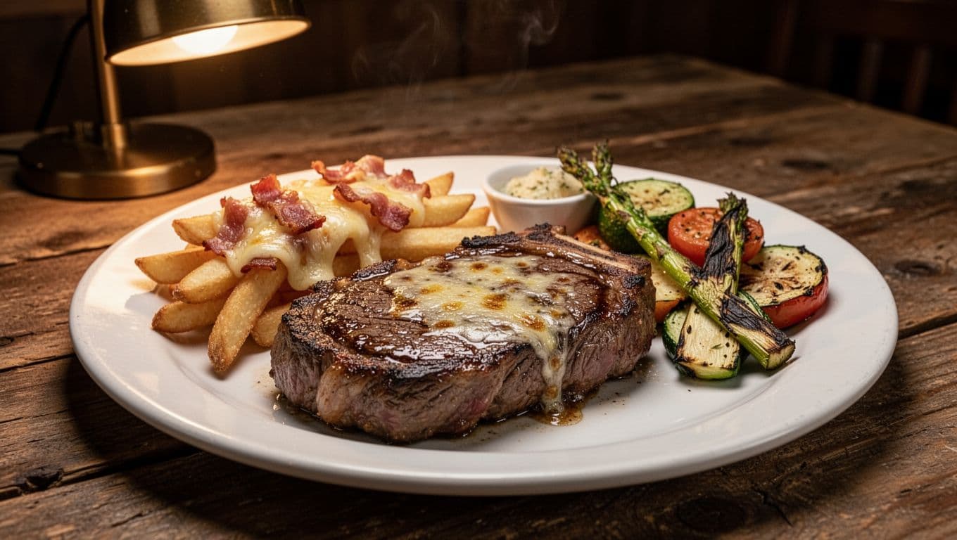 Sizzling ribeye steak on white plate with cheesy bacon fries and grilled vegetables on wooden table under warm lighting, STEAK SPOT banner at top.