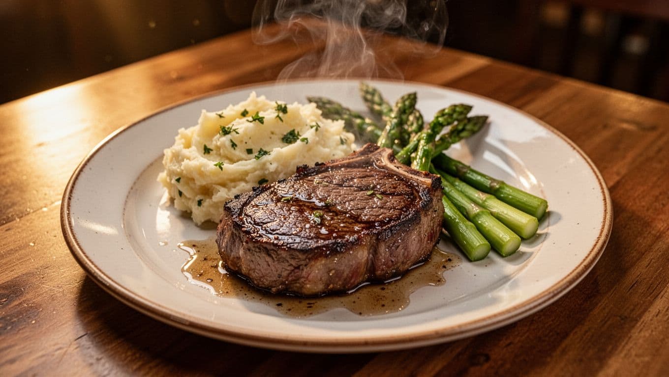 Sizzling wild game ribeye steak with garlic mashed potatoes and asparagus on wooden table under green banner with Steakhouse Specials headline.