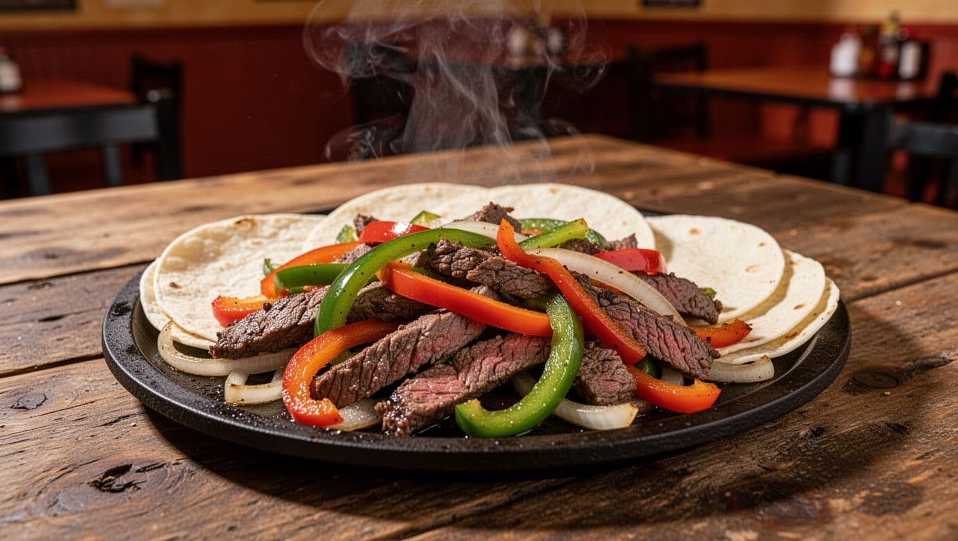 Plate of sizzling fajitas with steak, peppers, onions, tortillas on wooden table, steam rising, green Mexican Flavors banner above.