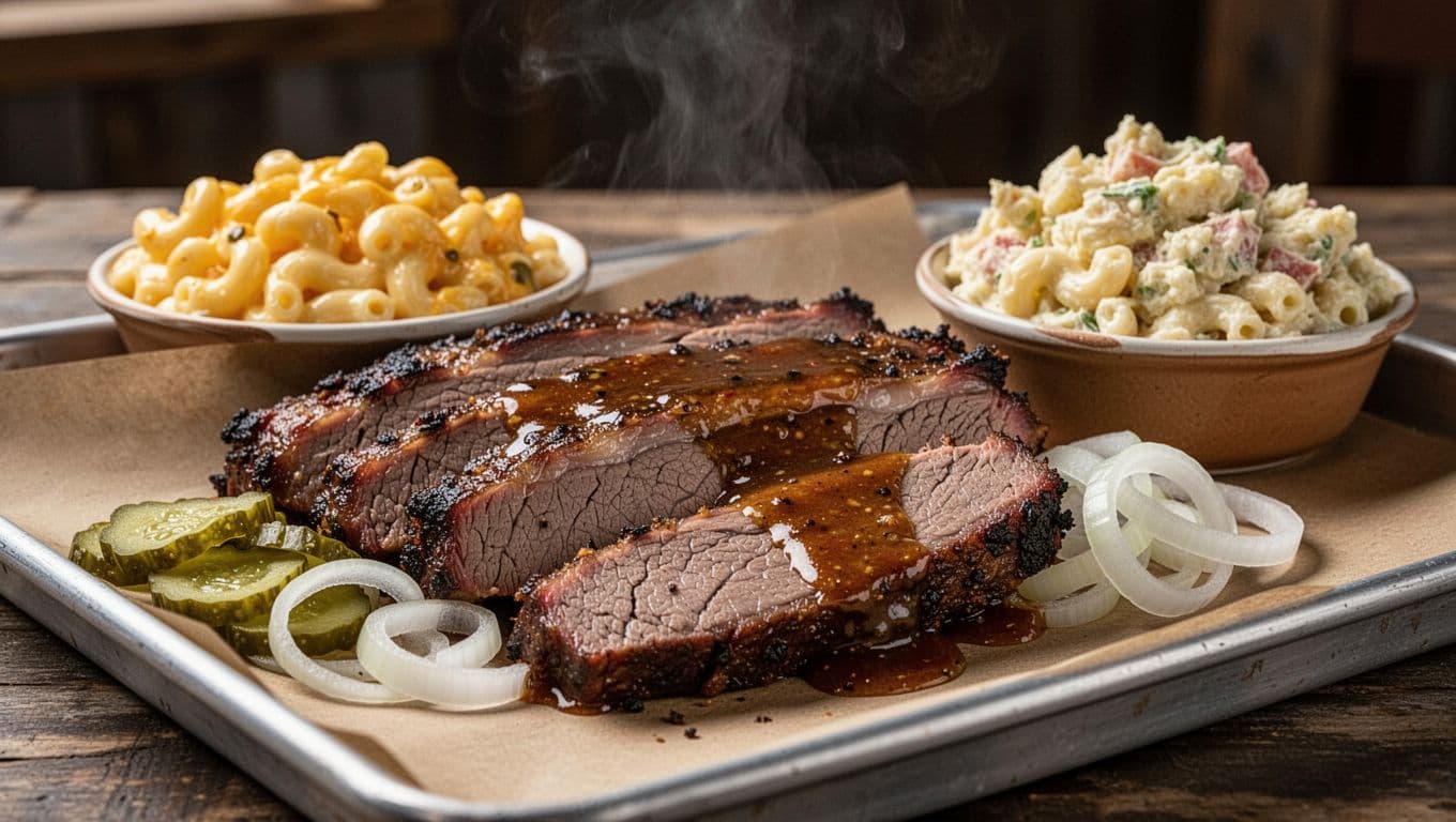 Sliced smoked brisket with sauce, pickles, onions on butcher paper tray next to mac and cheese, potato salad; steam rising under green 'Brisket Perfection' headline.