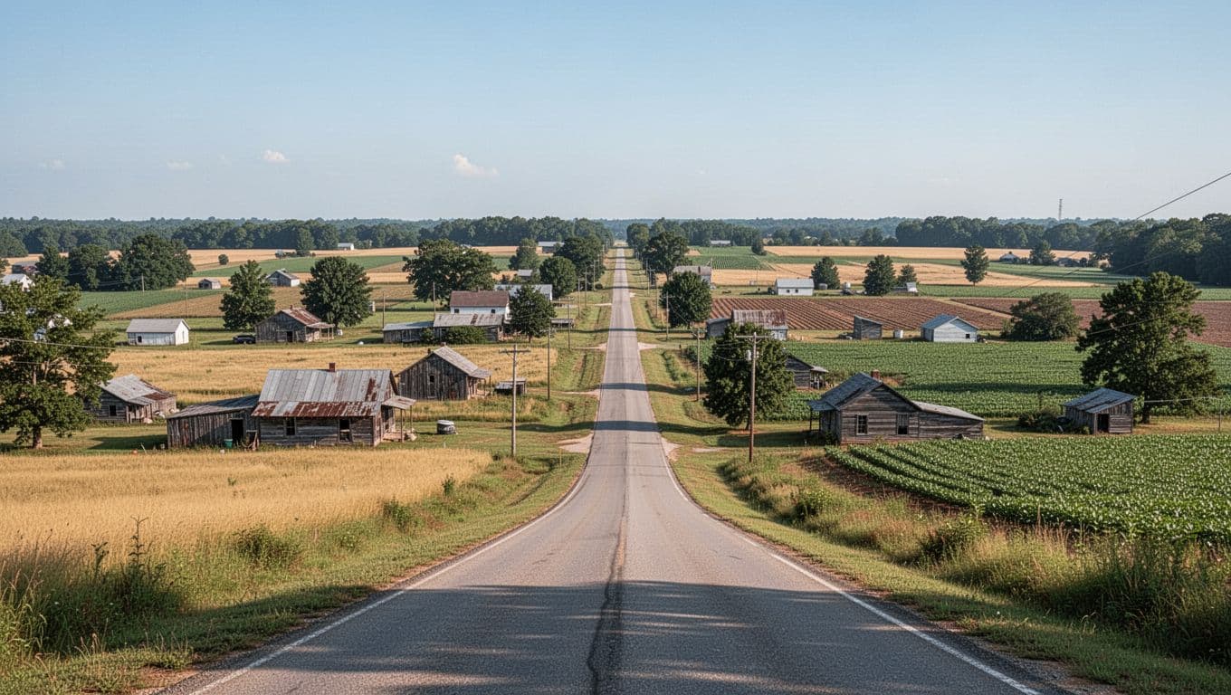 Rural Slocomb Alabama view with green fields, small buildings, single road to horizon, blue sky, and top green band with Slocomb Hotels headline.