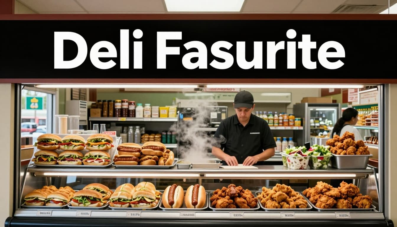 Deli counter in small-town Alabama grocery displays sub sandwiches, hot dogs, fried chicken, and salads; server stands relaxed behind counter with highway sign in window; green band with 'Deli Favorites' at top.