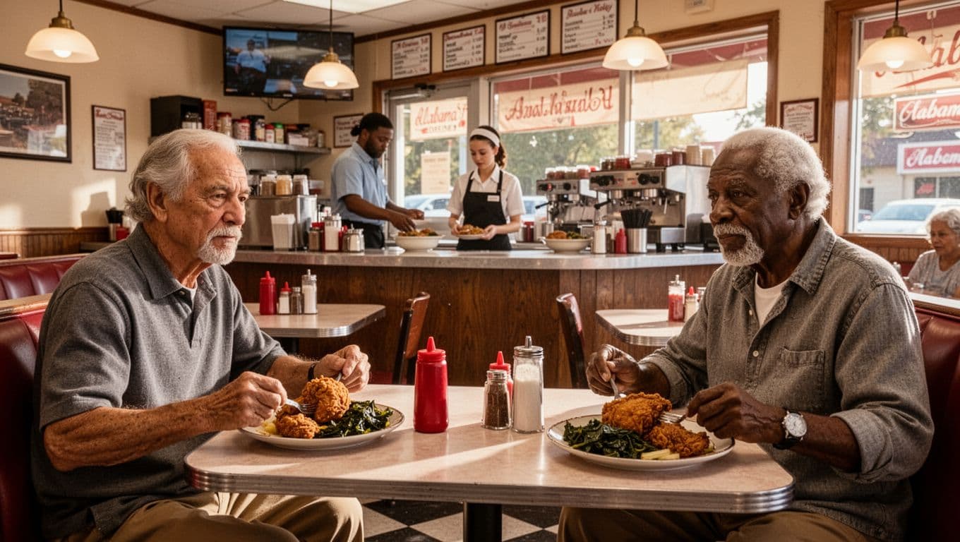 Small town Alabama diner interior at lunch hour with one server behind counter and two locals eating fried chicken and collards in warm window light.