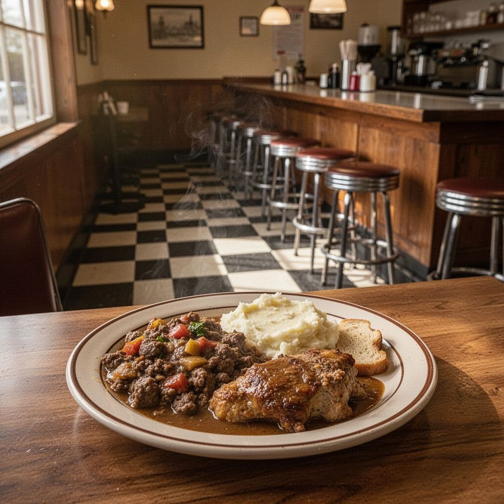 Traditional diner interior with checkered floors, wooden tables, counter stools, foreground comfort food plate, and top green band reading 'SOUTHERN CLASSICS'.