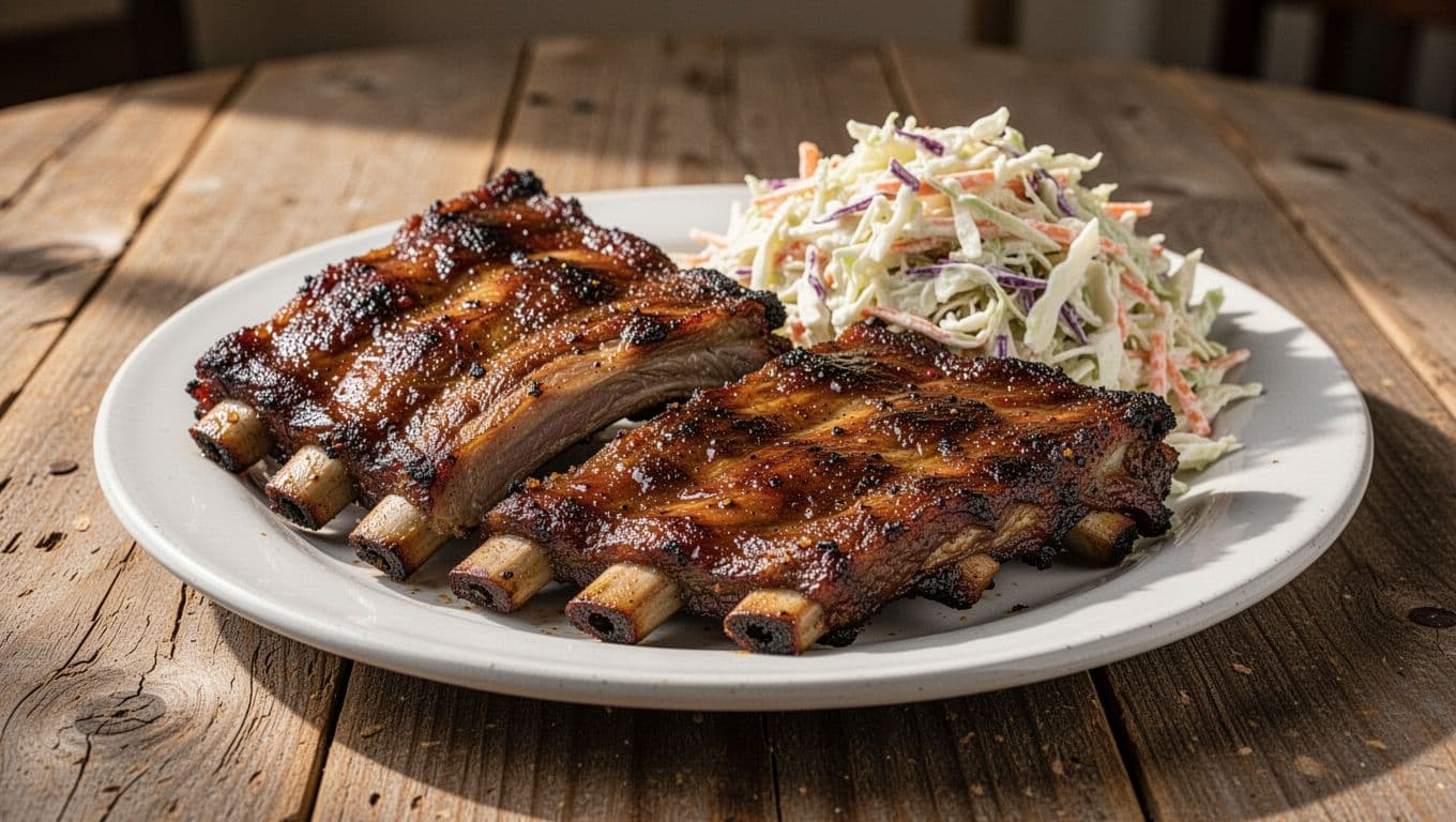 A plate of tender smoked barbecue ribs served with fresh coleslaw sits on a wooden table.