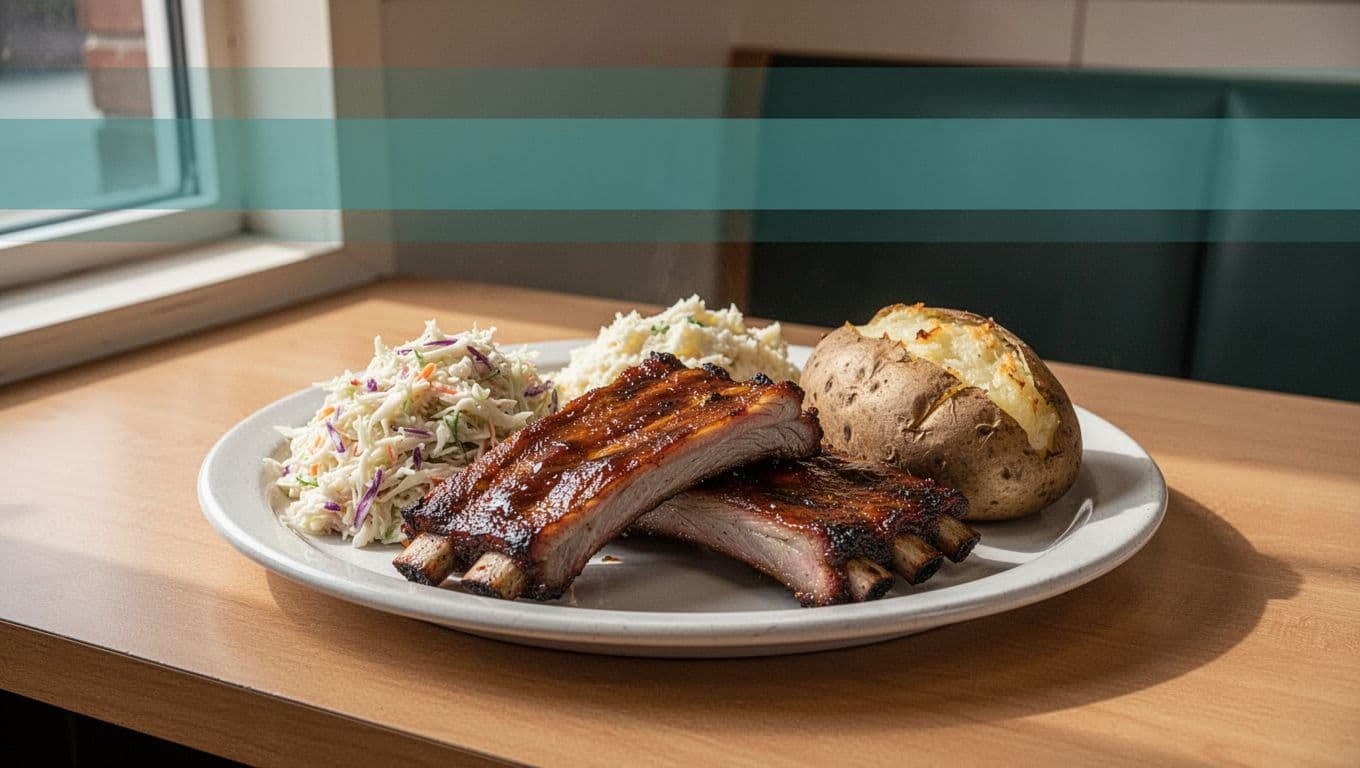 Plate of smoked barbecue ribs, coleslaw, and baked potato on wooden table under green 'Menu Picks' band.