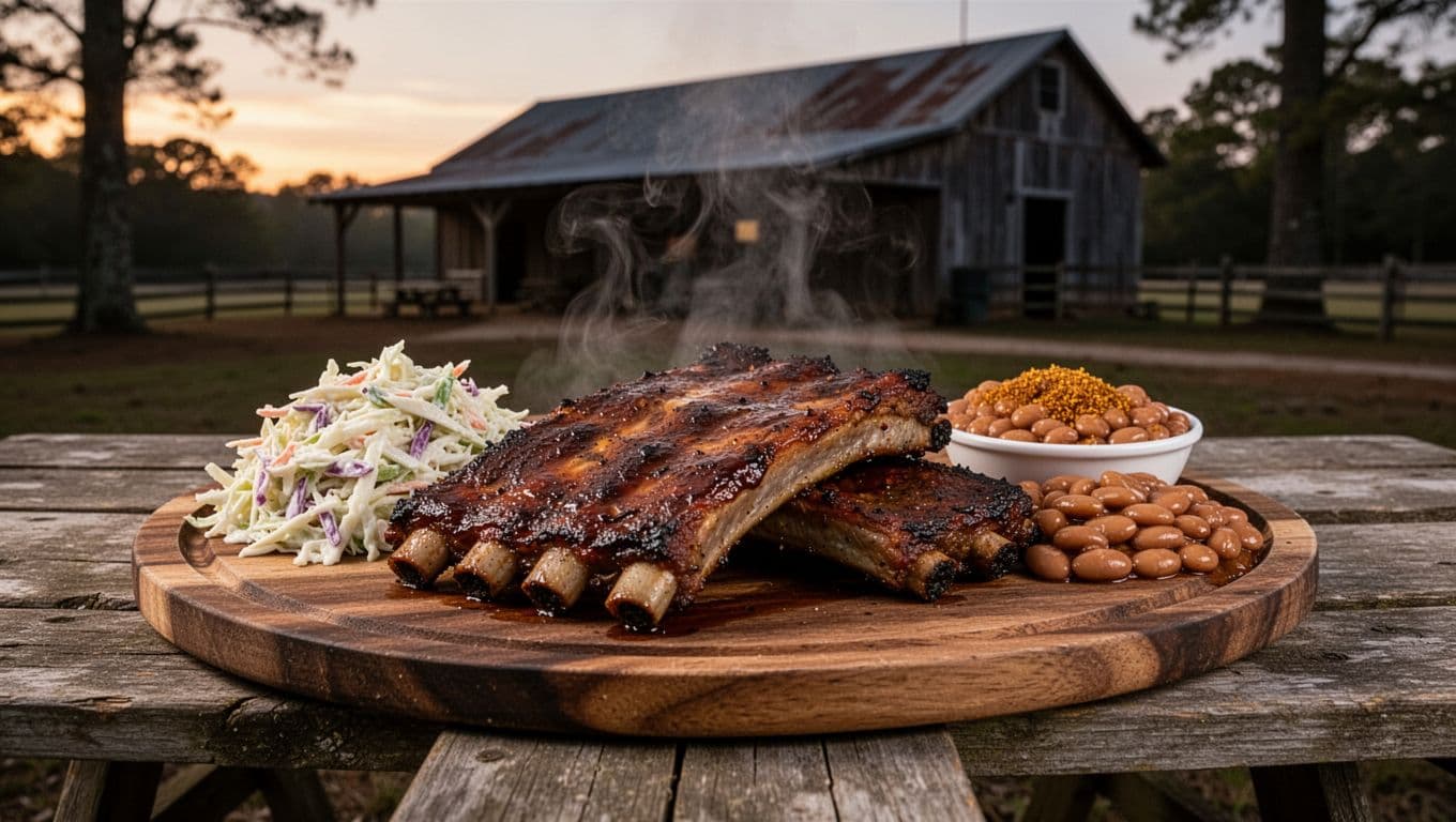 Smoked ribs platter with coleslaw and beans on picnic table near rural Alabama smokehouse, steam rising under green BBQ Smokehouse banner.