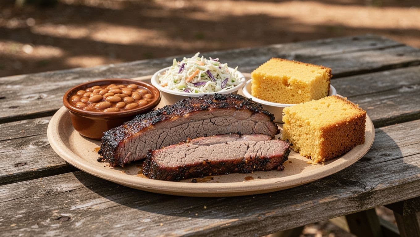 Smoked brisket platter with beans, coleslaw, cornbread on wooden picnic table outdoors under green BBQ Essential headline.