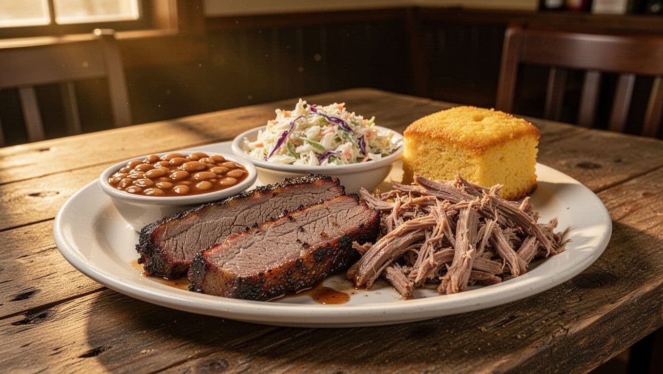 Plate of smoked brisket and pulled pork with baked beans, coleslaw, and cornbread on wooden table in Southern restaurant.