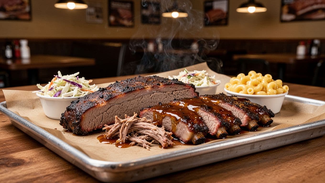 Sliced smoked brisket and ribs with sauce on butcher paper tray, small coleslaw and mac and cheese sides, green top band with BBQ Favorites headline.