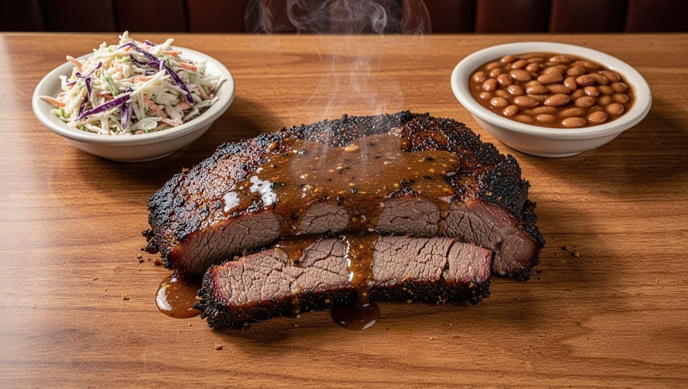 Plate of smoked brisket with sauce on wooden table, steam rising, coleslaw and beans nearby, green top band with 'BRISKET SPECIAL' headline.
