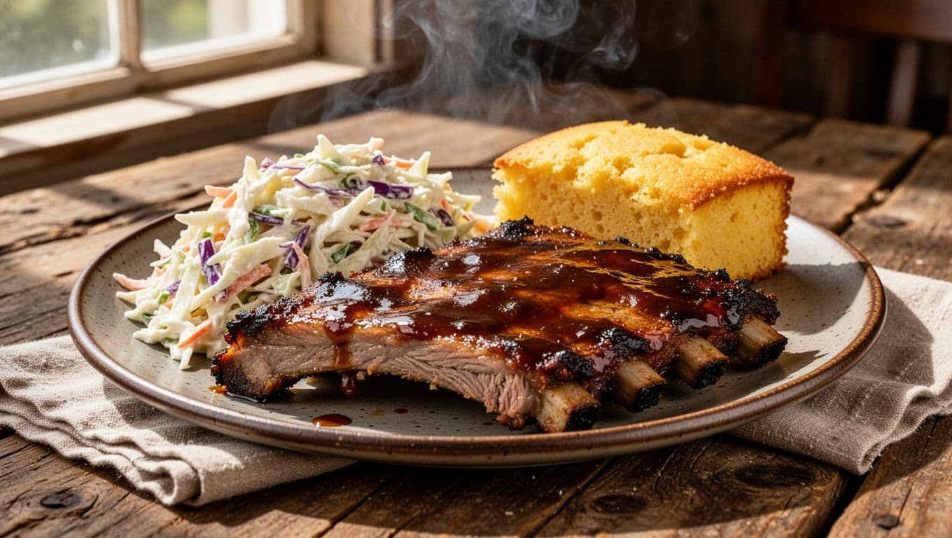 A plate of smoky ribs with coleslaw and cornbread featuring a branded Southern Classics banner.