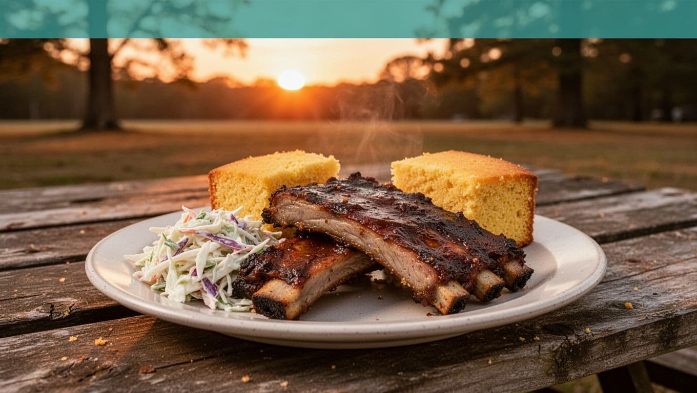 Smoky BBQ ribs platter with coleslaw and cornbread on wooden picnic table at sunset, green 'BBQ Essential' band at top.