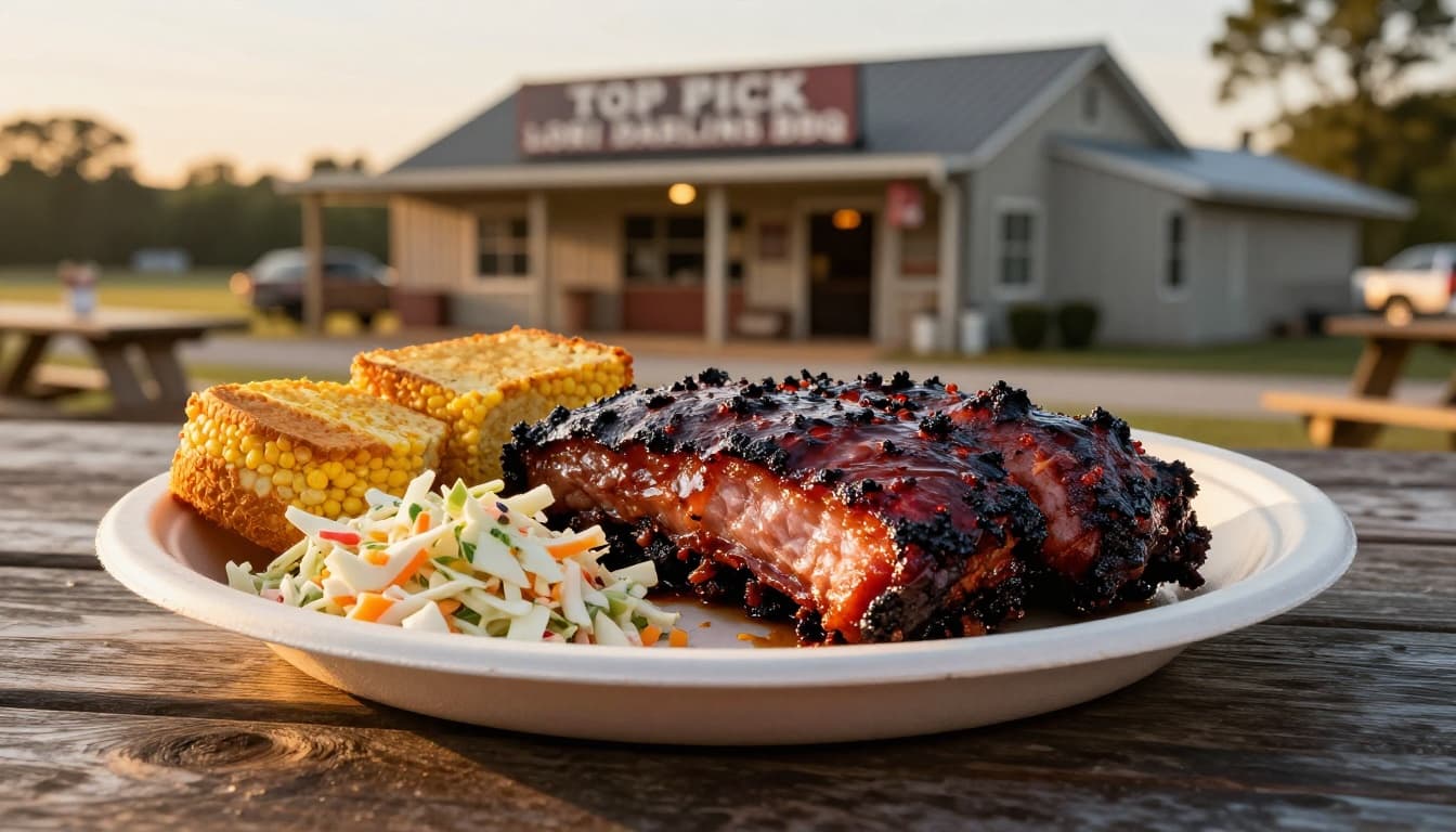 Plate of smoky pulled pork with coleslaw and cornbread on wooden picnic table at roadside BBQ joint sunset.