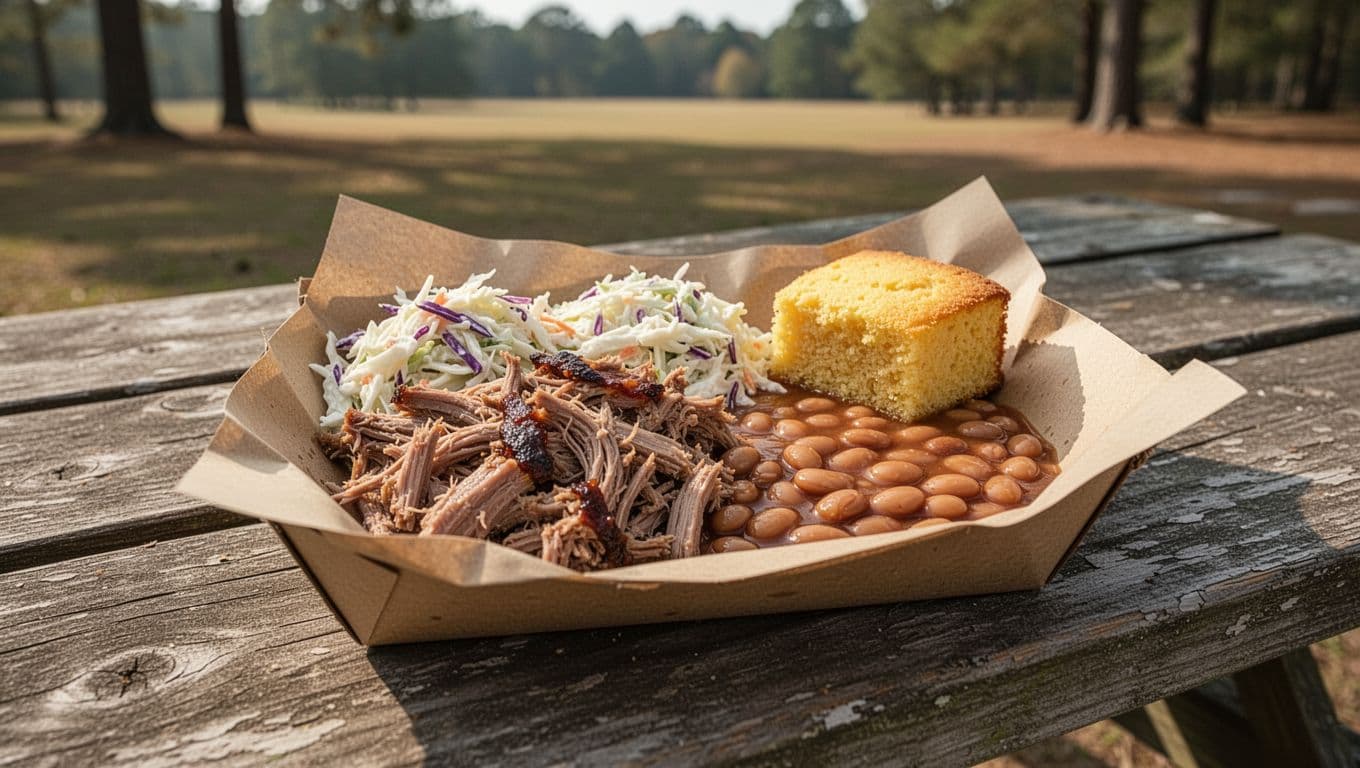 Pulled pork barbecue plate with coleslaw, baked beans, cornbread on paper-lined tray atop rustic picnic table in countryside.