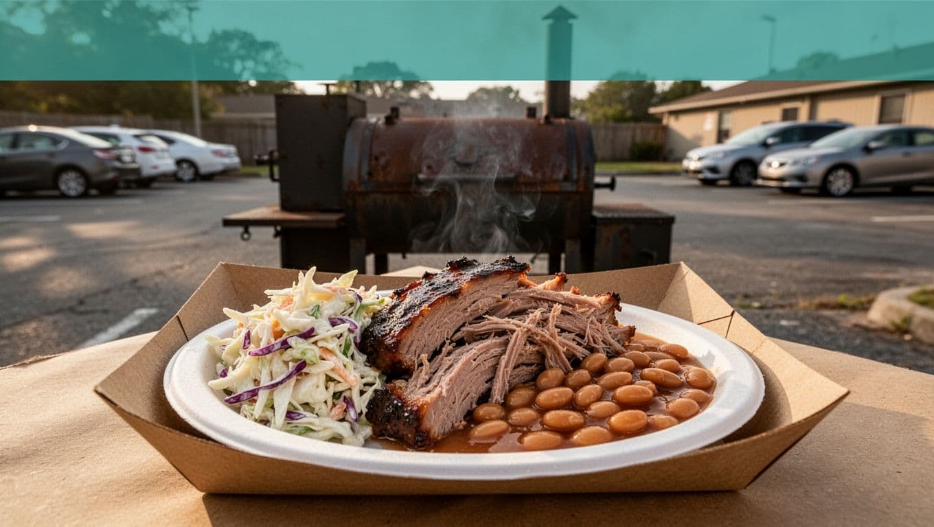 Smoky pulled pork barbecue plate with coleslaw and baked beans on paper tray, rustic smoker in parking lot background, green 'BBQ Favorite' banner at top.
