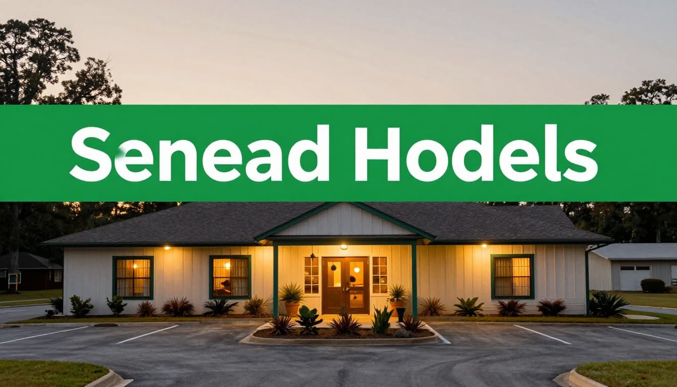 Cozy single hotel building with front parking lot in rural setting at dusk, warm lights on, green accents and top banner reading Snead Hotels.
